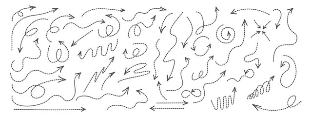 Set of curved arrows with dotted lines. A collection of zigzag arrows with dotted lines, curved pointers indicating a complex path . Vector design