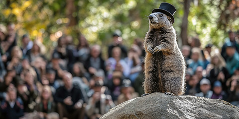 Obraz premium Top hat-wearing groundhog standing on a rock before an audience in a forest, symbolizing an entertaining wildlife event.