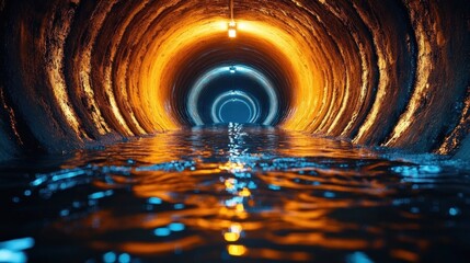 Illuminated Underground Tunnel with Flowing Water and Eerie Atmosphere in a Surreal Landscape