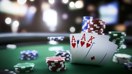 A cinematic shot of poker cards and chips under a spotlight, with a faint blur of other tables in the background.