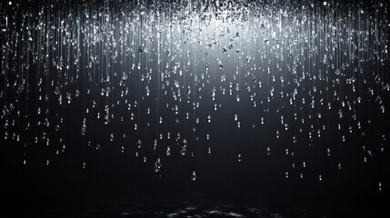 Dramatic rainstorm with an abundance of flowing water droplets cascading down against a dark atmospheric background  The image captures the dynamic movement and density of the rain