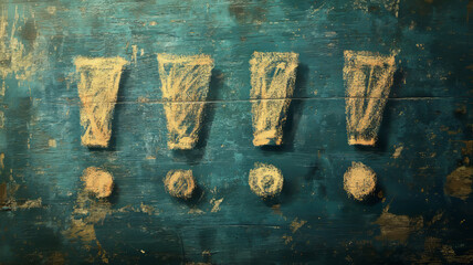 Chalk-drawn exclamation marks on wood.