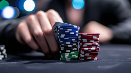 A player's hand holding a strong pair of kings, with stacks of chips in focus and blurred opponents in the background.