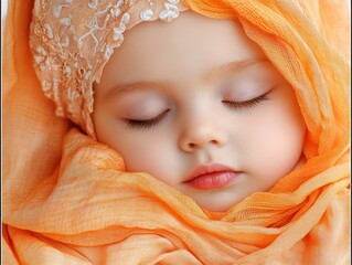 Discover a peaceful moment with an image of a sleeping child wrapped in an orange shawl Although not an Asian mom hugging child, serene affection, is visible in this portrait The tender embrace of