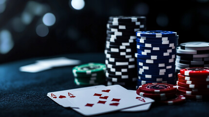 An elegant poker table setup with premium playing cards and high-value chips, exuding luxury and sophistication.