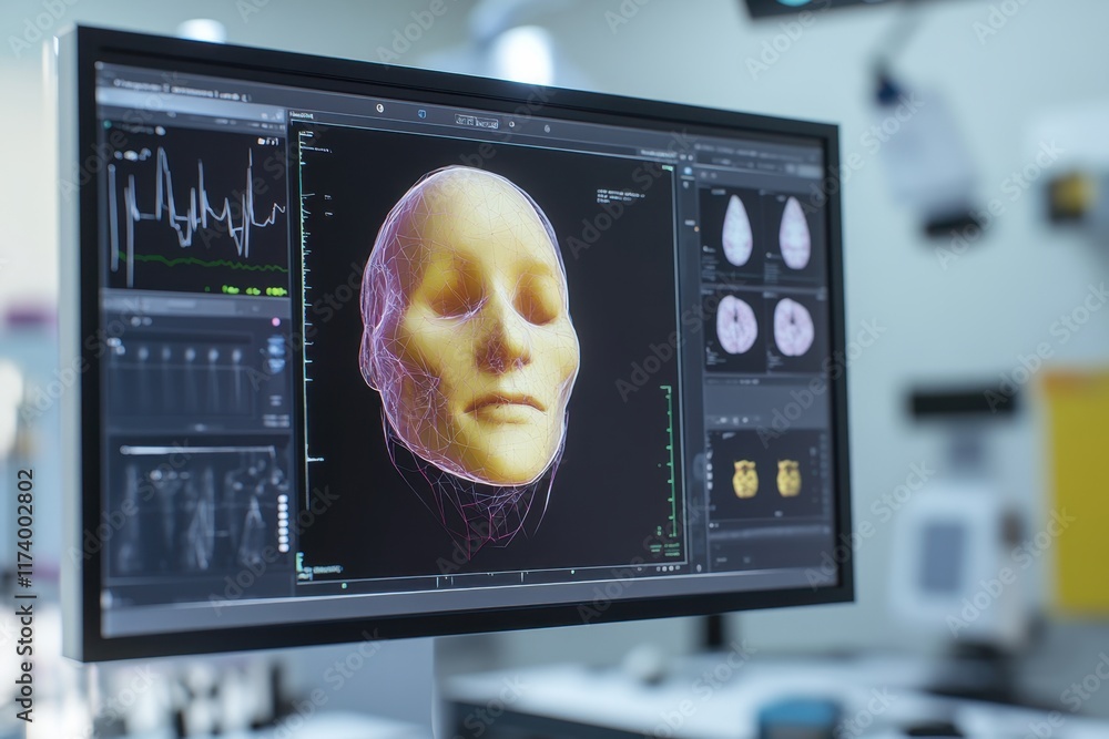 Poster advanced 3d modeling of a human skull displayed on a monitor in a clinical setting