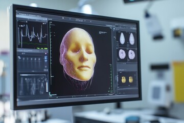 Advanced 3D modeling of a human skull displayed on a monitor in a clinical setting