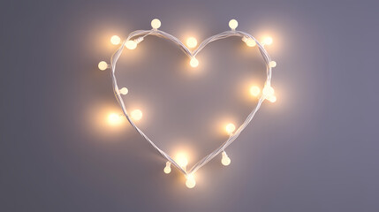 Generative ai illustration of a decorative white wire garland heart with light bulbs glowing white. on a gray background. Candescent. Illustration