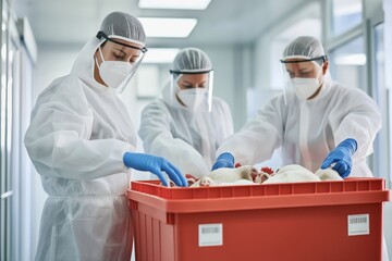 Biohazard team safely disposing of contaminated poultry in a controlled environment