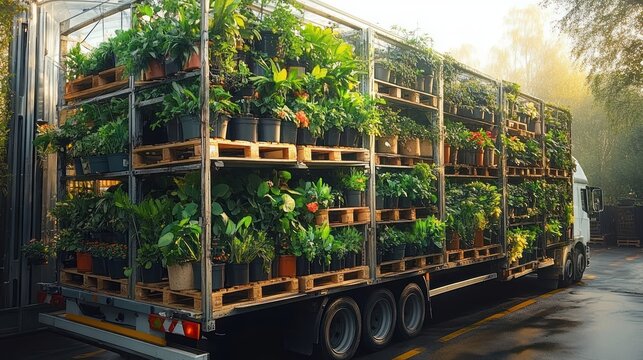 Truck Loaded with Potted Plants for Wholesale Horticulture Delivery and Garden Supply Logistics