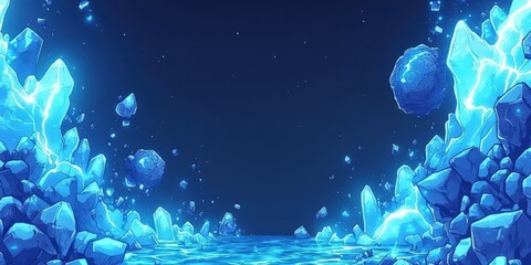 Mesmerizing Illustration of Luminous Ice Crystals and Frozen Landscape with Deep Blue Glacial Scenery for Winter-Themed Art and Nature Lovers