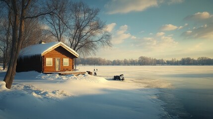 Winter cabin, snowy landscape, frozen lake.
