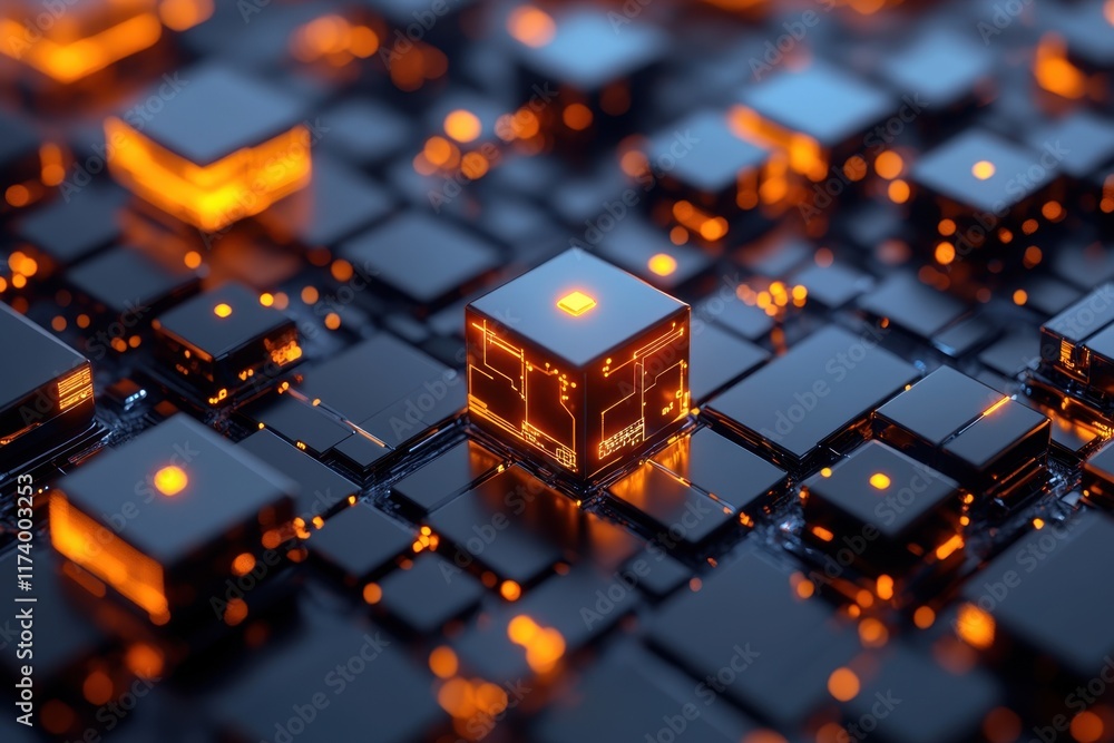 Poster advanced circuit technology with glowing elements and intricate patterns in a modern setting