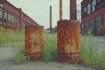 Obraz premium Rusty barrels stand amidst overgrown grass in an abandoned industrial area during a cloudy day