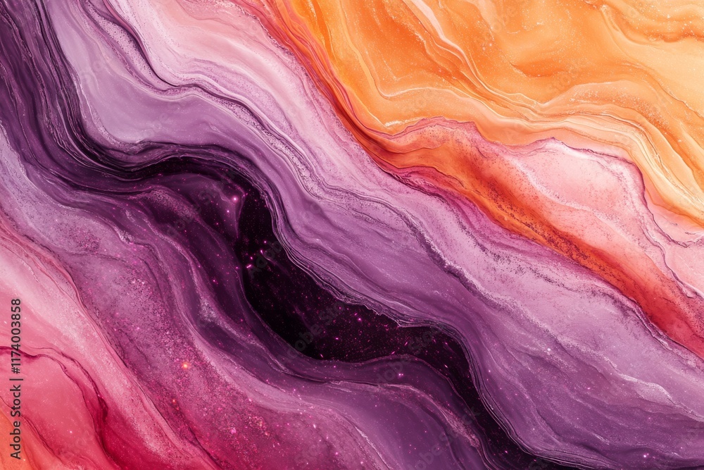 Poster abstract swirling waves of purple and orange colors create a vibrant and dynamic visual display in a