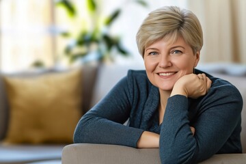 Obraz premium Happy middle aged woman relaxing at home on a cozy sofa in a modern living room