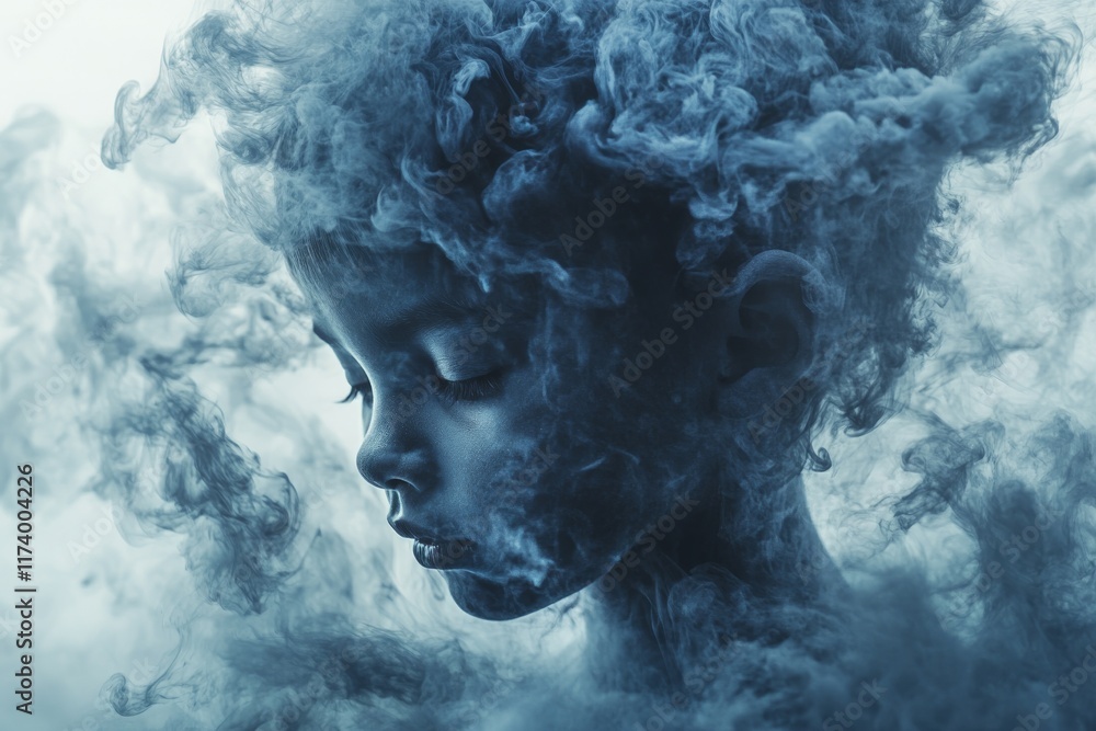 Aufkleber portrait of a child with swirling blue smoke creating an ethereal atmosphere in a calm setting