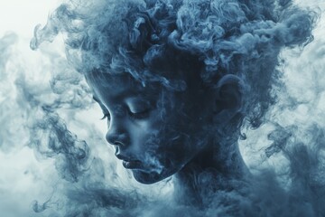 Portrait of a child with swirling blue smoke creating an ethereal atmosphere in a calm setting