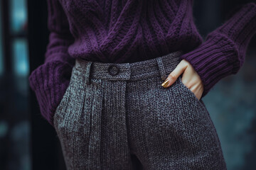 A woman wearing a purple sweater and gray pants