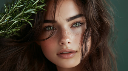 Realistic model with long hair posing for a photo, rosemary next to her hair