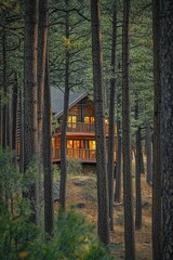 Illuminated cabin nestled among tall forest trees.