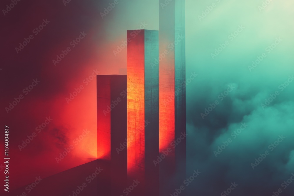 Poster abstract composition of geometric shapes rising through colorful mist in a surreal atmosphere