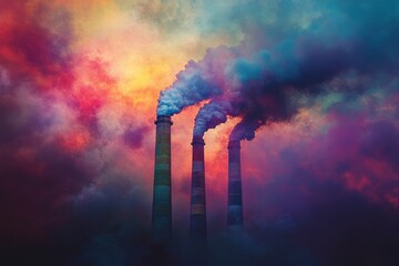 Obraz premium Colorful smoke emerges from industrial chimneys at dusk in a vibrant sky