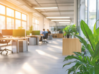 Bright and modern office space with lush plants and motivated employees working in a collaborative environment
