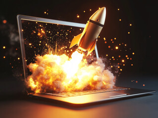 Rocket launches from laptop screen creating an explosion of sparks and smoke in a digital art concept