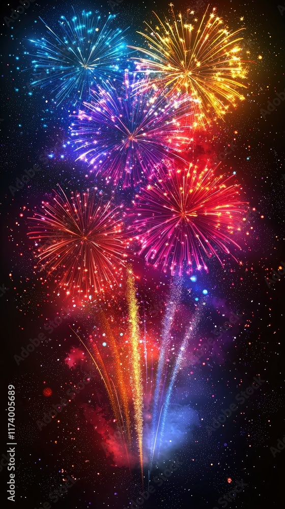 Poster vibrant fireworks display exploding in the night sky.