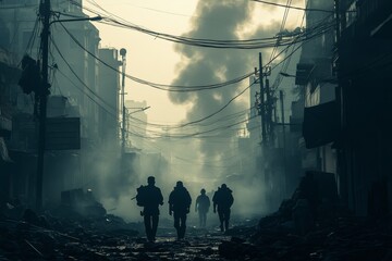 Fototapeta premium Soldiers navigate through a smoky urban area after a battle, highlighting destruction and resilience in a conflict zone