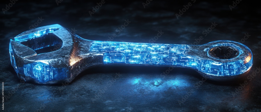 Poster Smart Digital Wrench with Glowing Blue Circuitry and Binary Code for AI Maintenance Management and Equipment Diagnostics