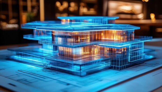 Digital Building Information Modeling Technology for Modern Architecture Design and Construction Efficiency - Powered by Adobe
