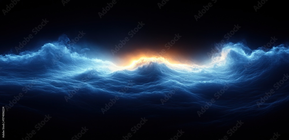 Aufkleber Glowing Blue Light Beam Dynamic Abstract Composition on Deep Black Background with Soft Gradients