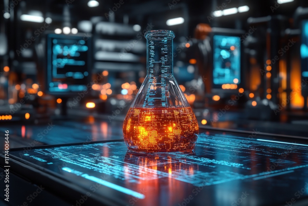 Fototapete futuristic laboratory scene with glowing flask and digital data streams in cyberpunk style