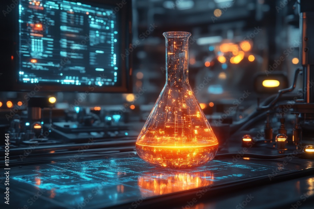 Aufkleber Glowing Laboratory Flask Icon Representing AI Integration in Scientific Experimentation and Data Analysis