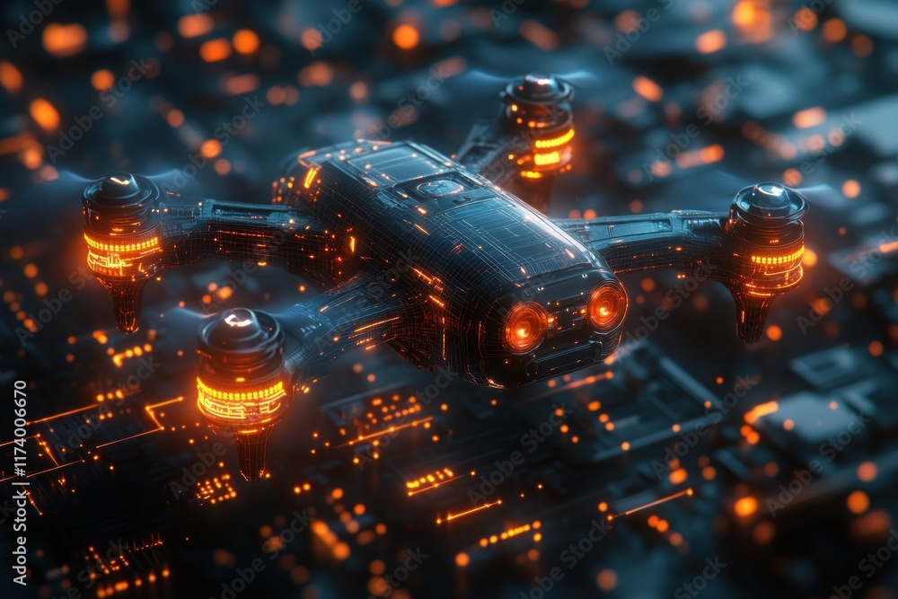 Poster futuristic drone aerial surveillance camera digital hologram autonomous flight navigation smart tech