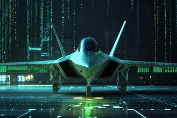Futuristic fighter jet showcased in a high-tech digital environment