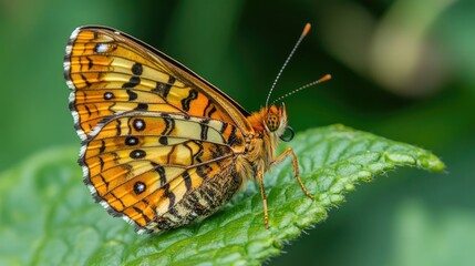 Obraz premium Close up of a butterfly on a green leaf