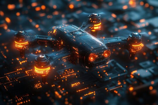 futuristic drone aerial surveillance camera digital hologram autonomous flight navigation smart technology network