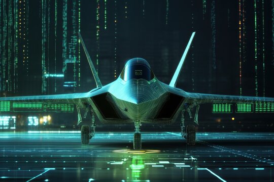 Futuristic fighter jet showcased in a high-tech digital environment