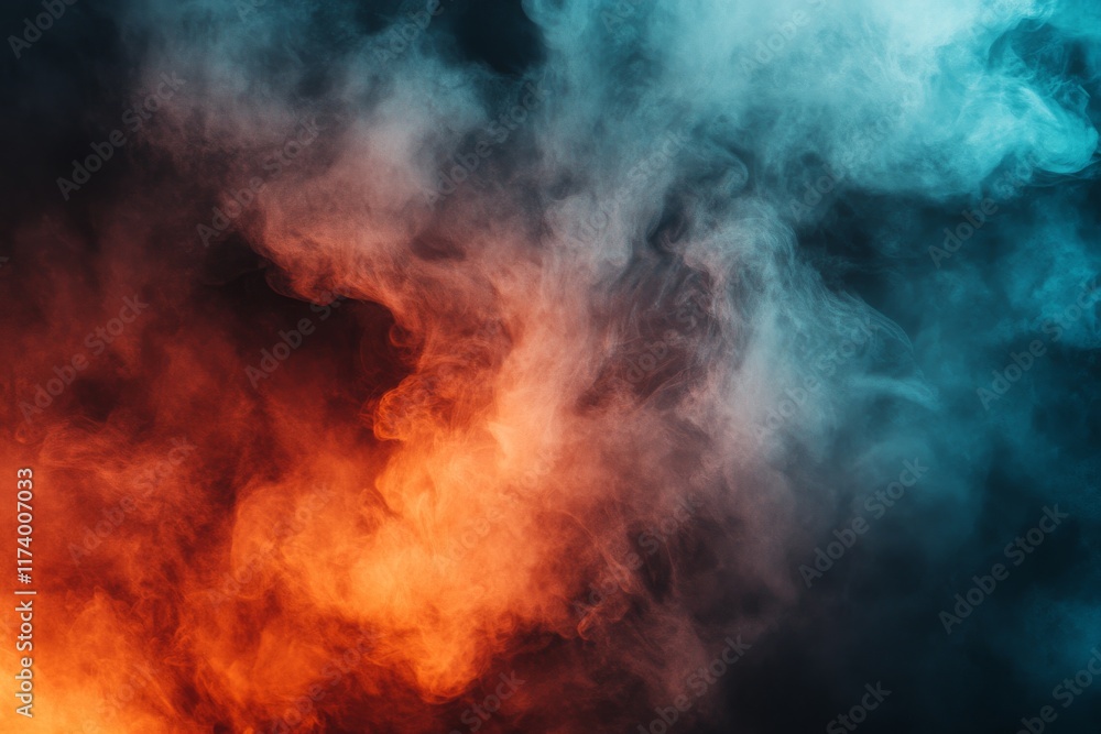 Poster colorful smoke swirling in dark background creates a striking visual effect and intriguing atmospher