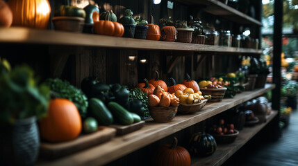 Obraz premium A vibrant display of seasonal fruits and vegetables on wooden shelves, including pumpkins, cucumbers, and sweet potatoes.