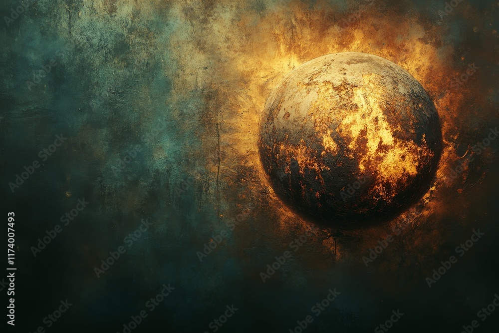 Poster planet engulfed in flames on a dark cosmic background during a catastrophic celestial event