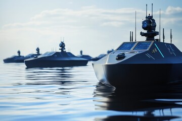 Autonomous boats navigating calm waters at dawn in a serene coastal environment