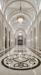 Obraz premium Grand marble hallway with arched ceiling and chandelier.