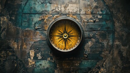 A vintage compass rests against a distressed wood surface, revealing layers of peeling paint and signs of age. The nautical chart background adds depth to the exploration theme