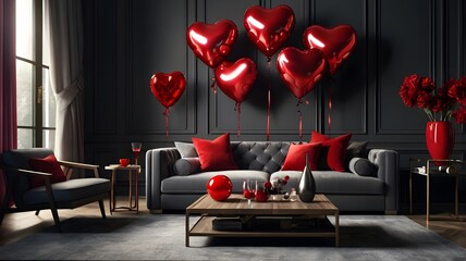Romantic Valentine's Day Living Room Decor with Red Heart Balloons