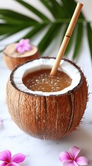 Refreshing Coconut Drink in Halved Shell with Bamboo Straw and Pink Orchids on White Marble Surface with Tropical Palm Leaves for Exotic Summer Vibes