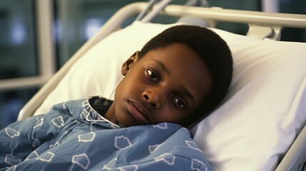 A young boy lies in a hospital bed with a contemplative expression. He wears a blue jacket and is surrounded by medical equipment in a dimly lit room